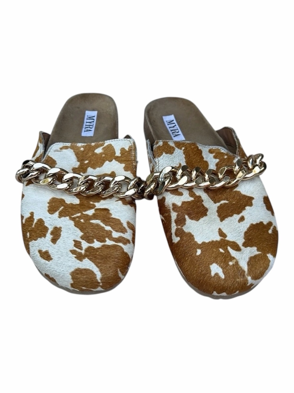 MYRA Cowhide Chain Mules in White & Brown Size (9)